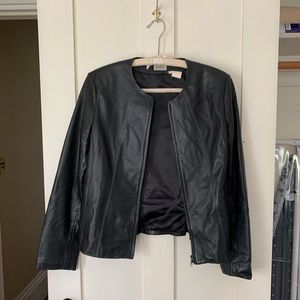 Black leather Neiman Marcus collarless jacket